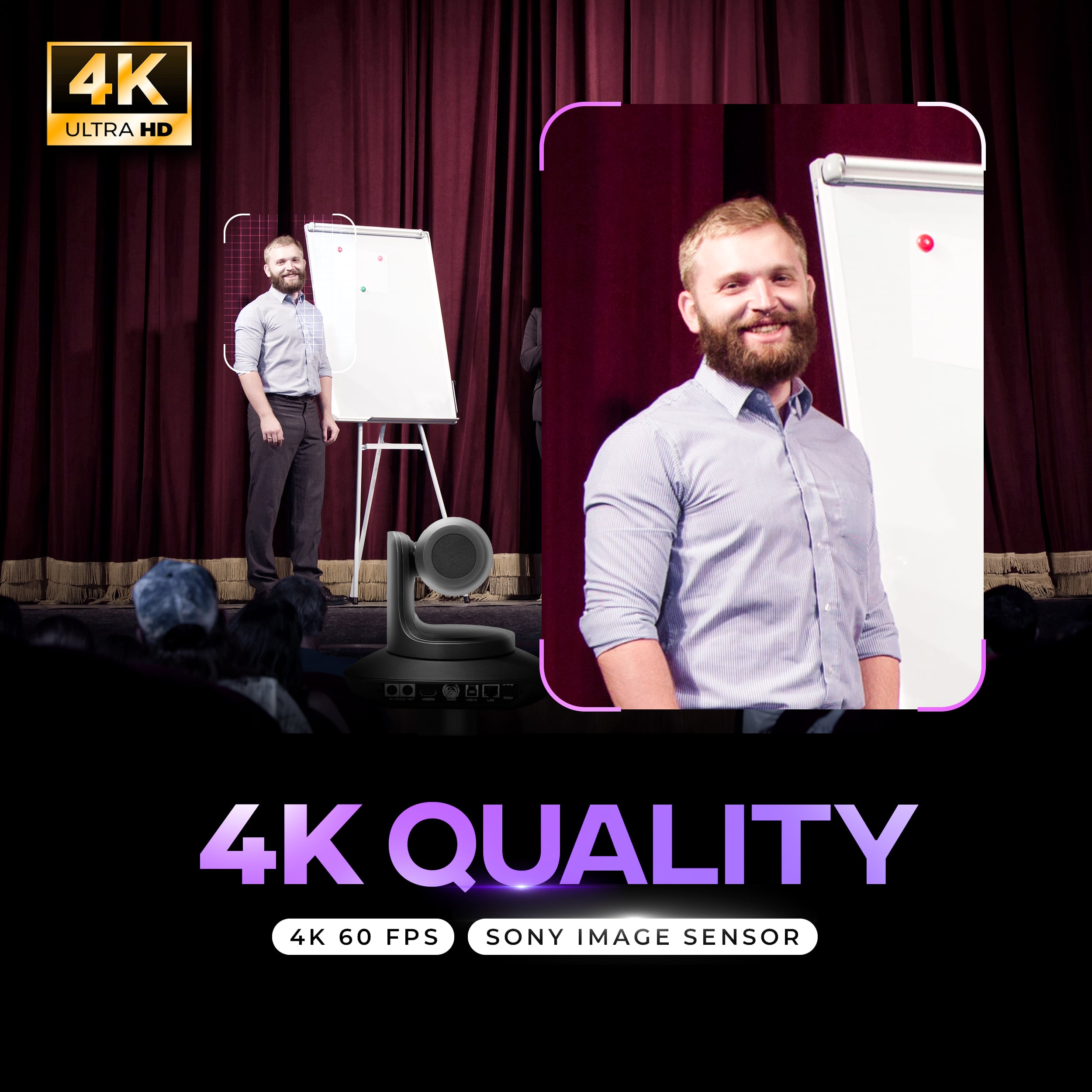 4K PTZ Camera Pro demo showcasing 4K UHD video quality with 12X optical zoom and advanced pan-tilt functionality during a live presentation