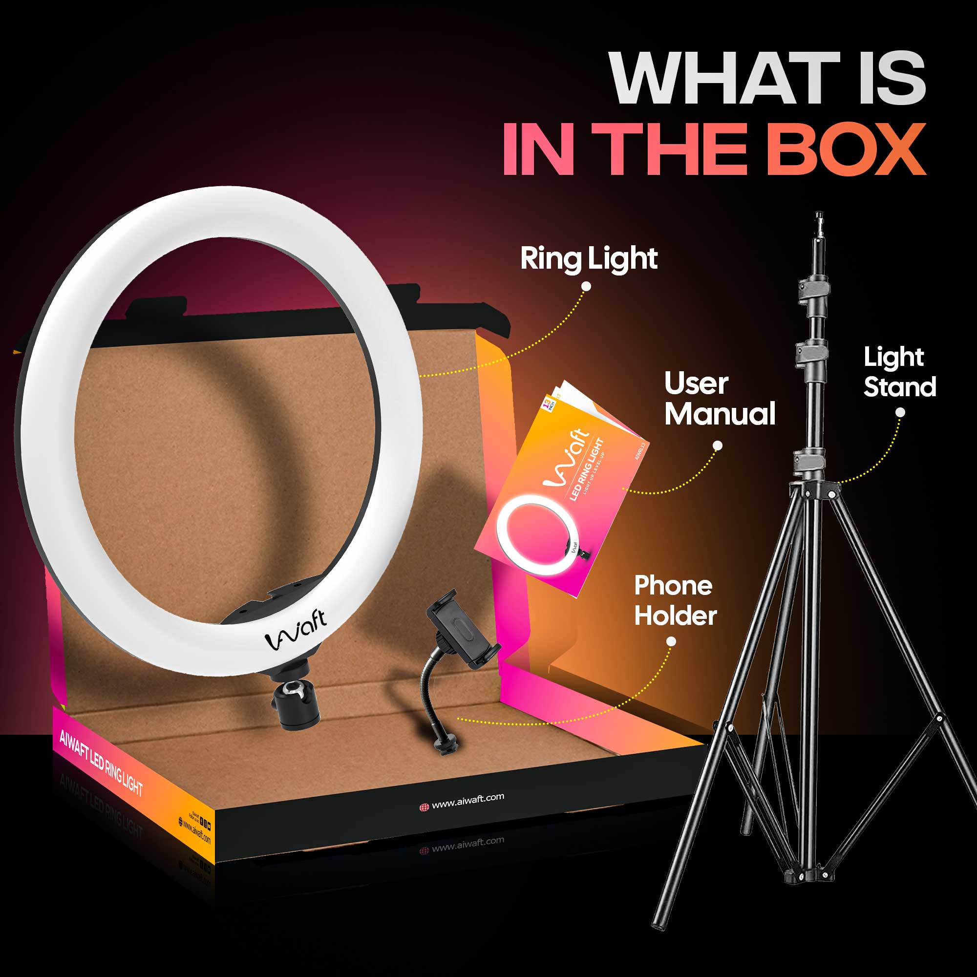 AIWaft 13-Inch Ring Light Package - Includes Ring Light, User Manual & Mobile Holder