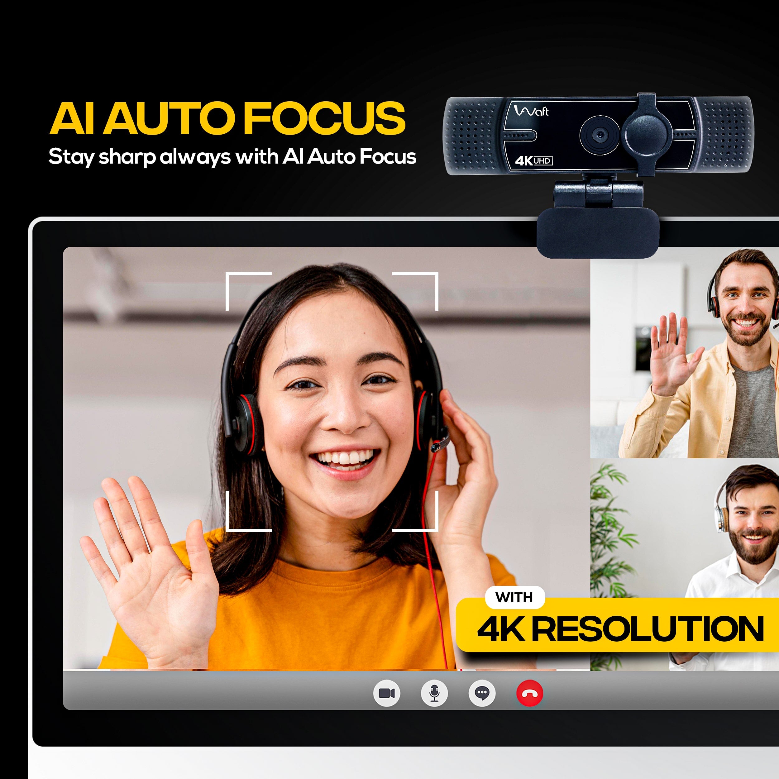 AIWaft 4K veoalphacam featuring AI auto focus for sharp 4K resolution video calls.