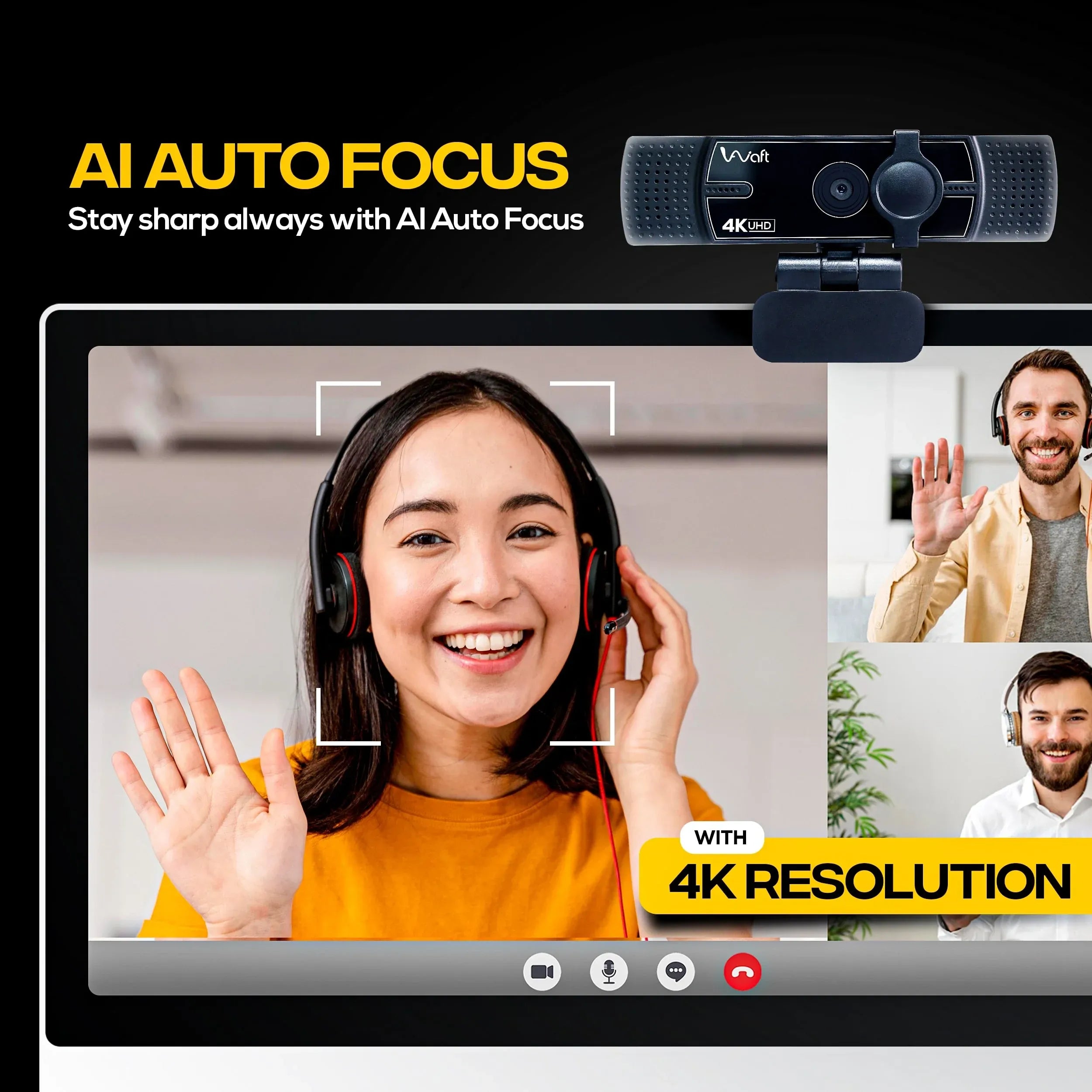 AIWaft 4K veoalphacam featuring AI auto focus for sharp 4K resolution video calls.