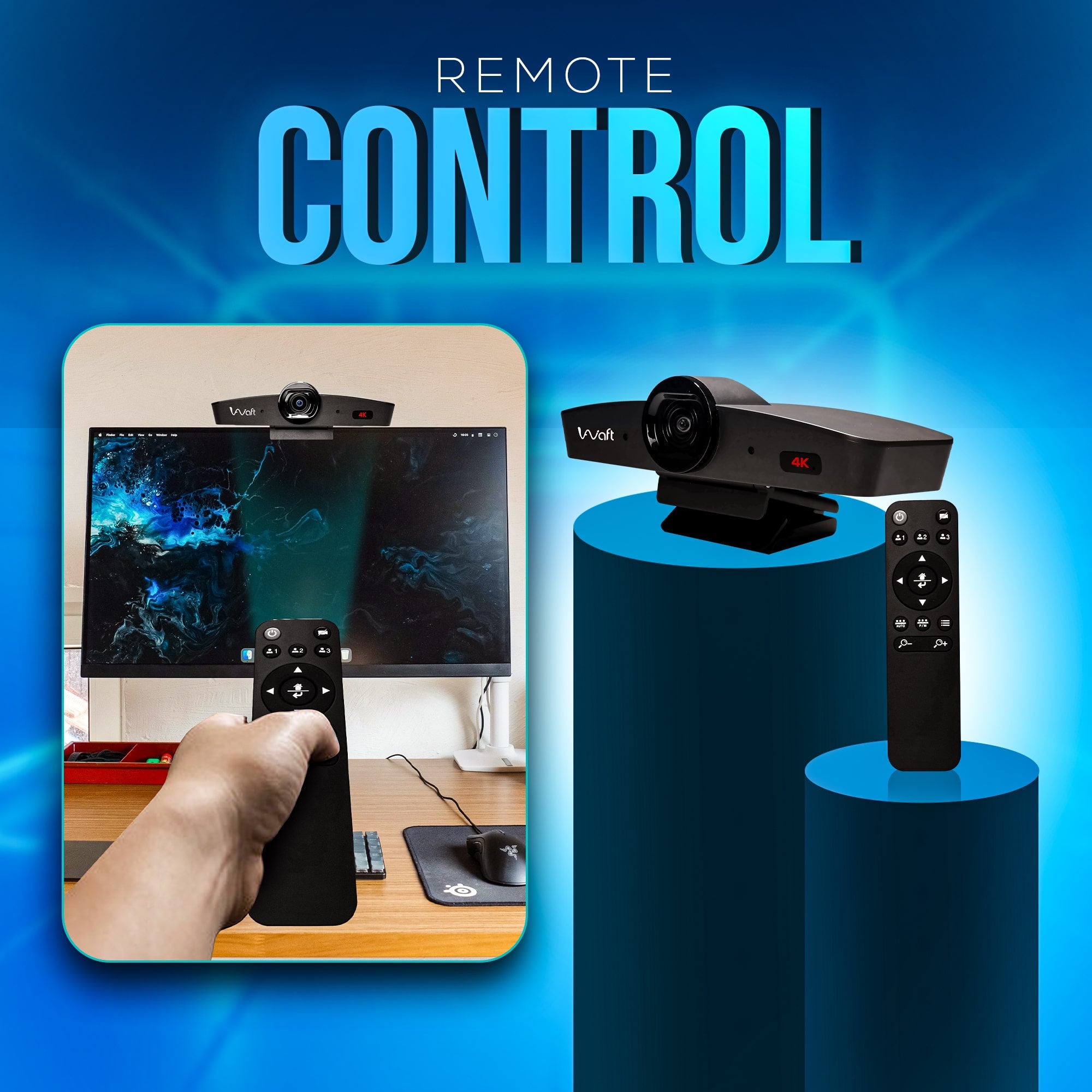 Remote control for AIWaft 4K EPTZ Webcam, used for zoom and framing adjustments
