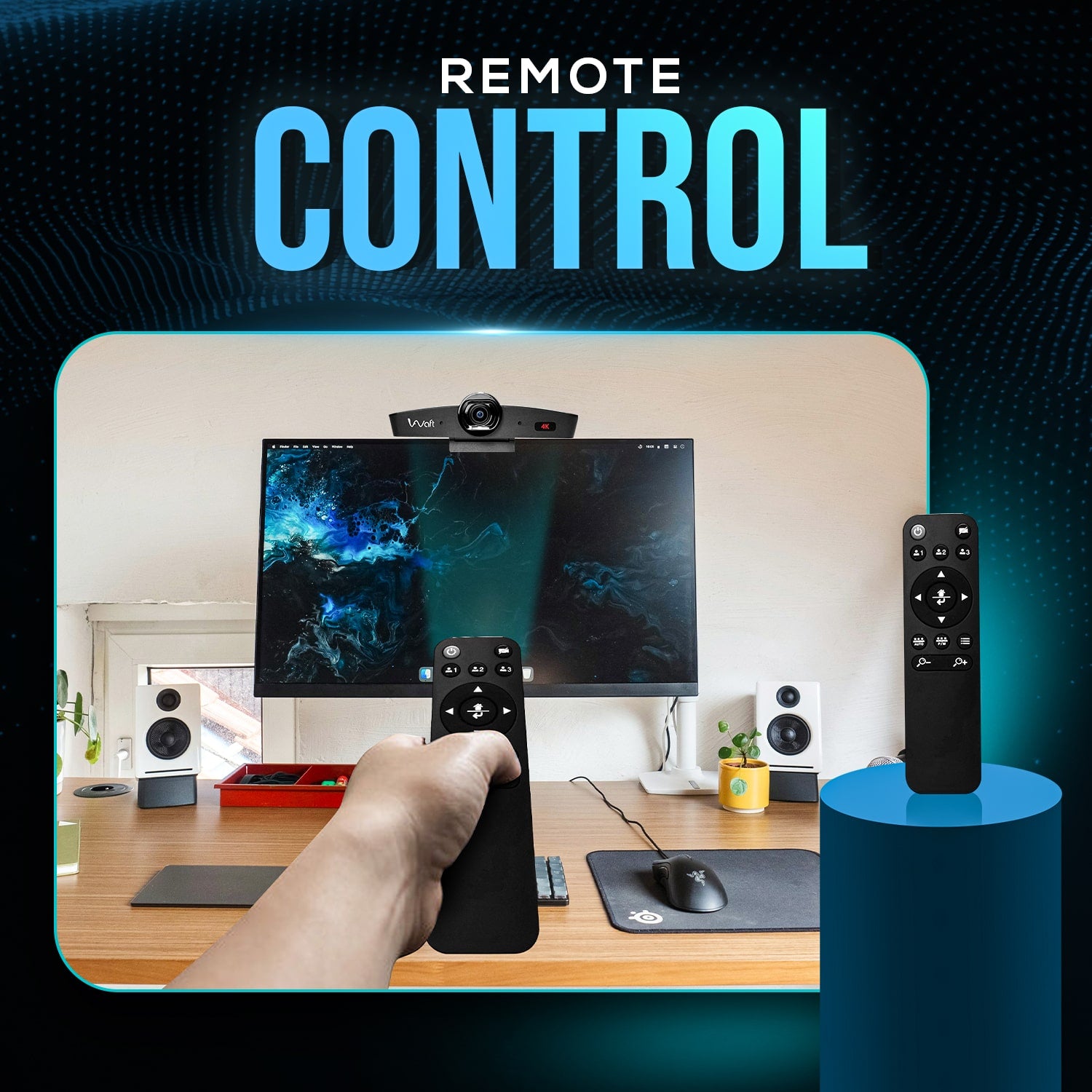 Remote control for AIWaft 4K EPTZ Webcam, used for zoom and framing adjustments
