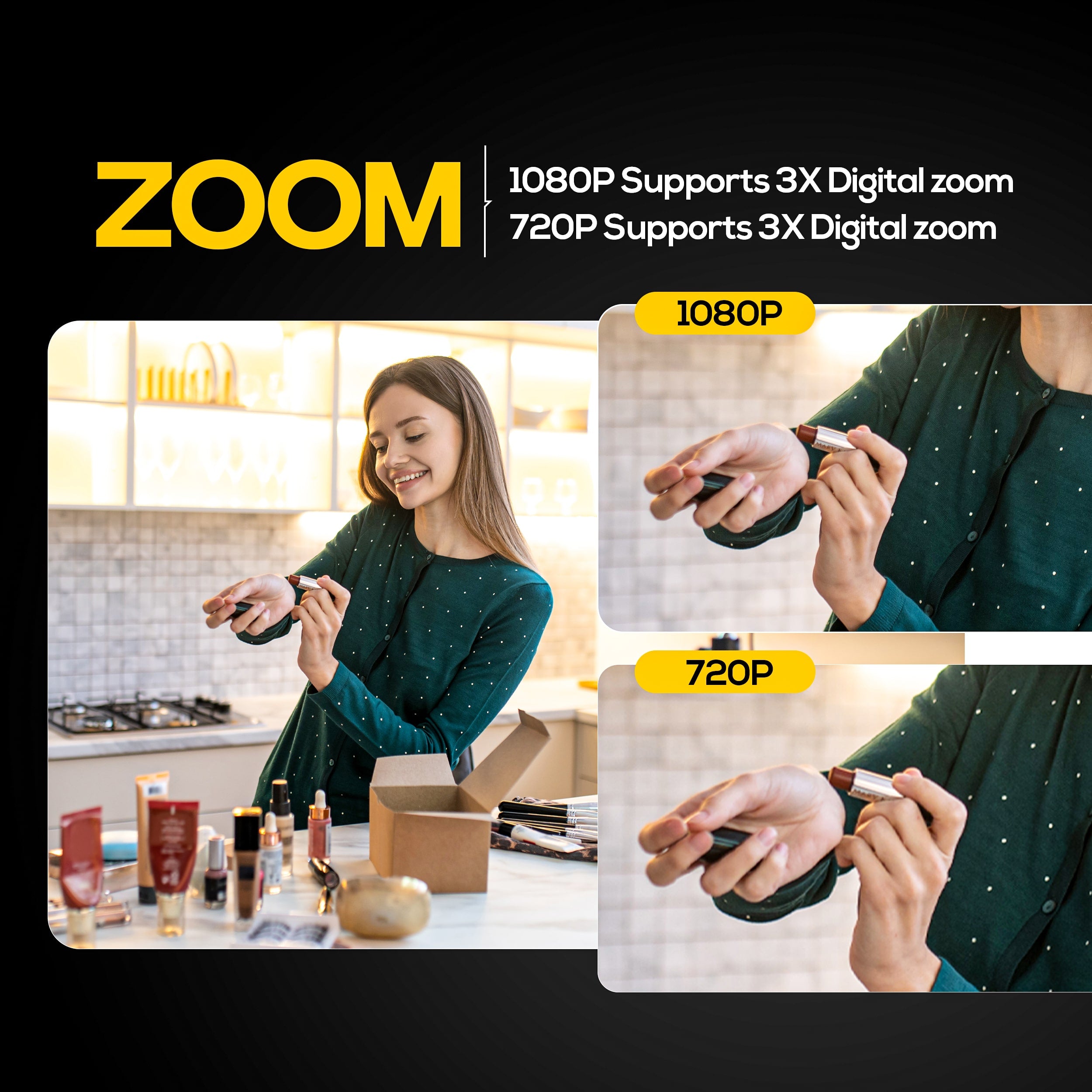 AIWaft Full HD veoalphacam showcasing 3X digital zoom capability for 1080p and 720p resolutions.