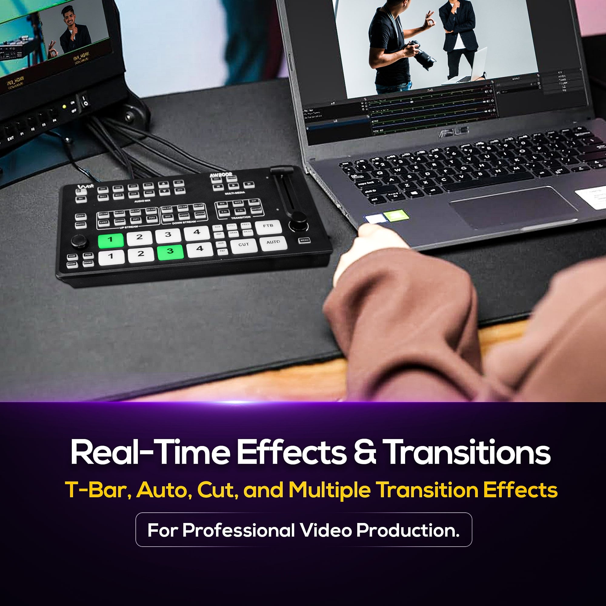 AIWaft HDMI Video Switcher featuring real-time effects and transitions for professional video production.