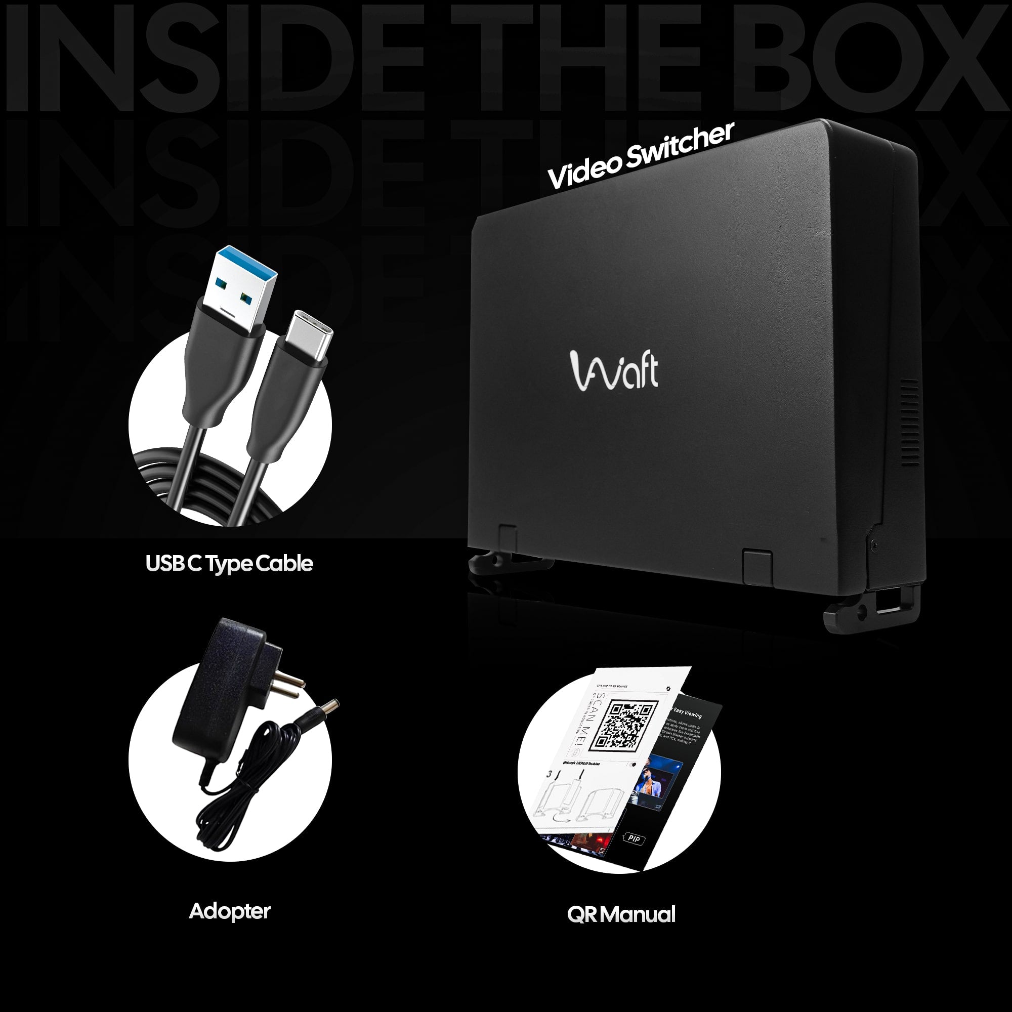 Inside the AIWaft HDMI/SDI Video Mixer box: includes the video switcher, USB-C cable, adapter, and user manual.