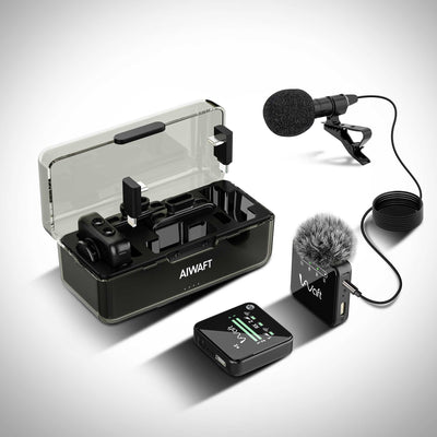 AIWaft Wave Wireless Microphone with Noise Reduction, Omnidirectional Recording, Adjustable Gain, 48KHz Sampling Rate, 90m Transmission, ≤20ms Delay, 7H Battery, Type-C Fast Charging – Compatible with Mobile, Camera, YouTube, Vlogging & Interviews